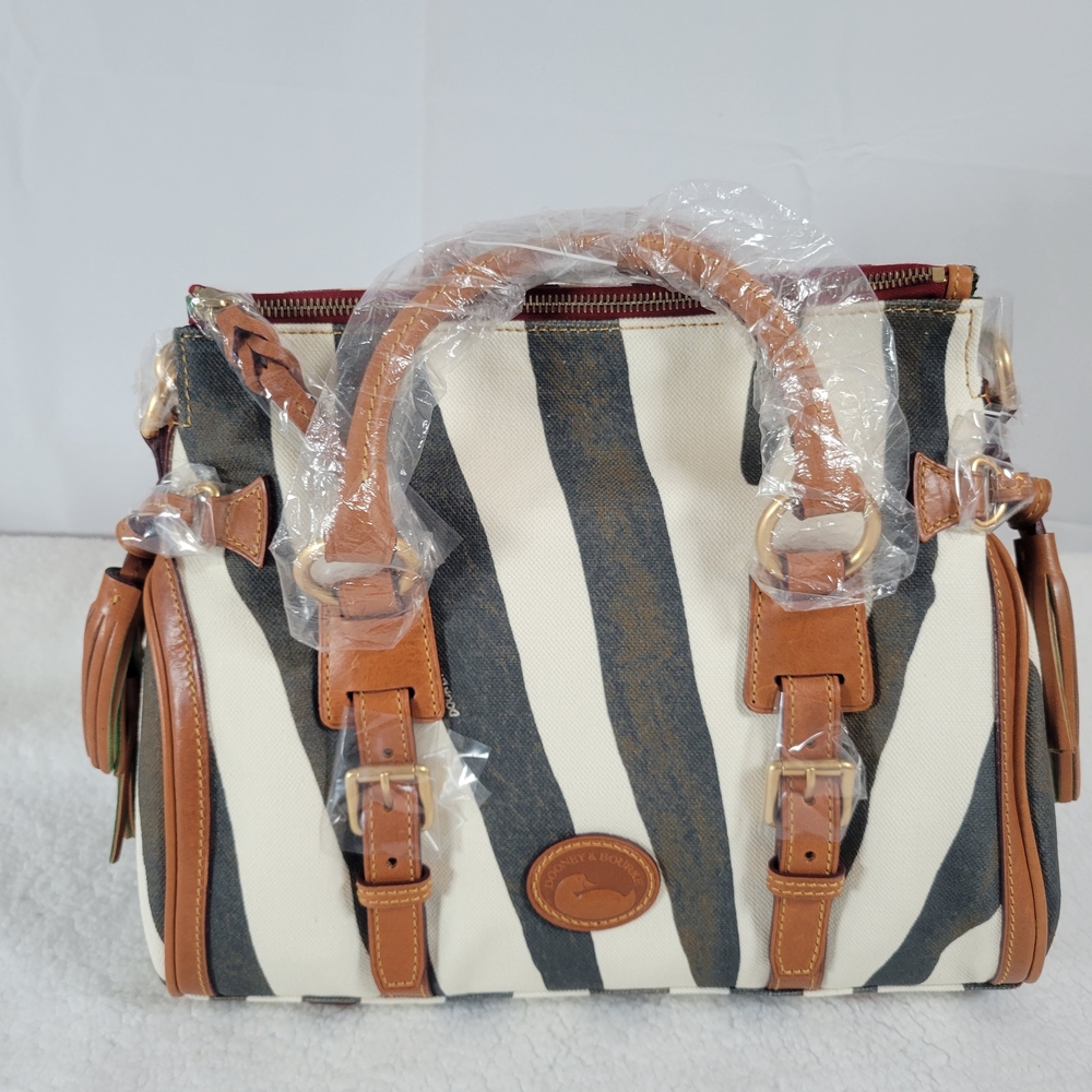 Dooney & Bourke Zebra Canvas Jones Shoulder Bag Leather Trim NWT Black Cream Brn